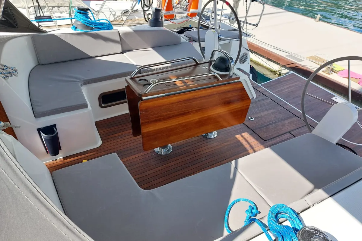 Cockpit of Vera, a Bavaria 51 Cruiser sailboat at Herceg Novi, Montenegro