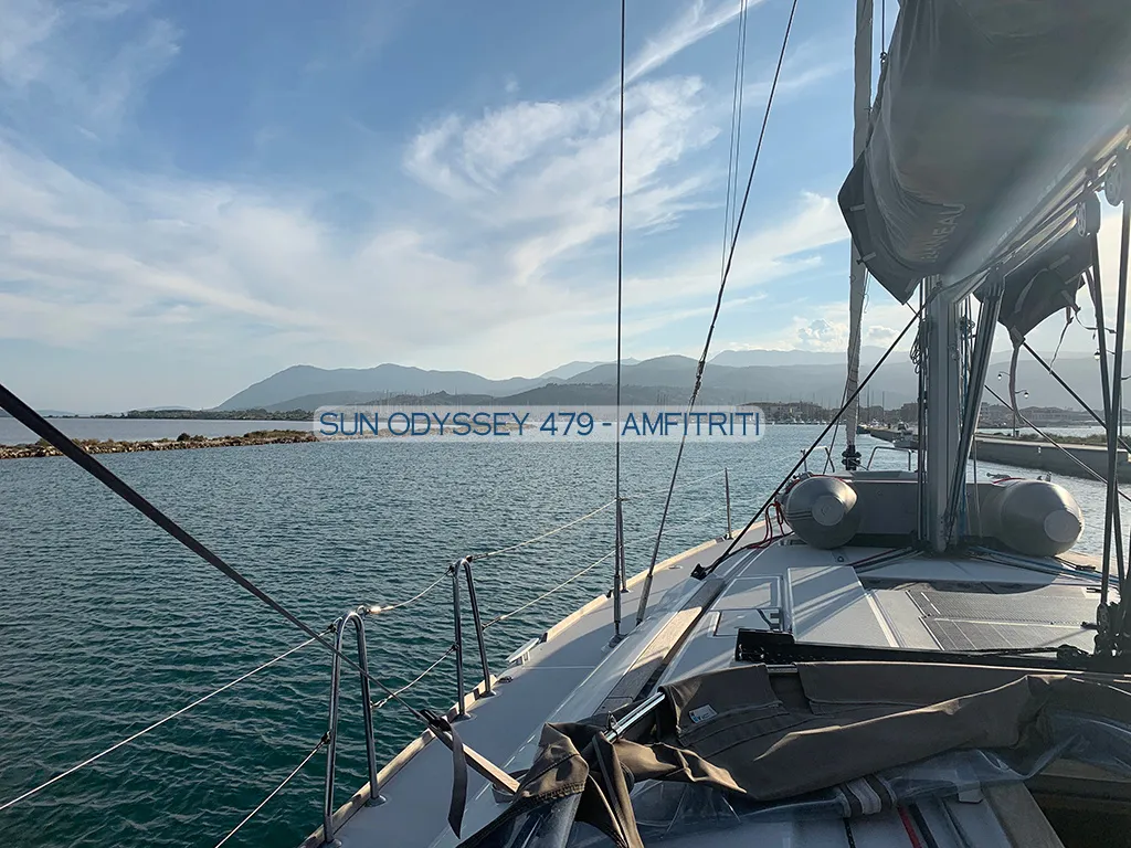 Deck of Amfitriti, a Jeanneau Sun Odyssey 479 sailboat at Kontokali, Greece