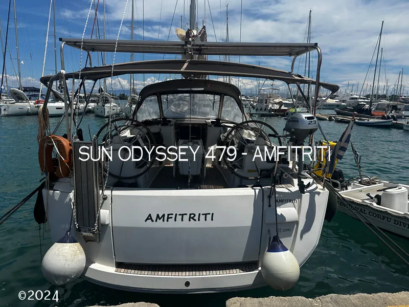 Cockpit of Amfitriti, a Jeanneau Sun Odyssey 479 sailboat at Kontokali, Greece