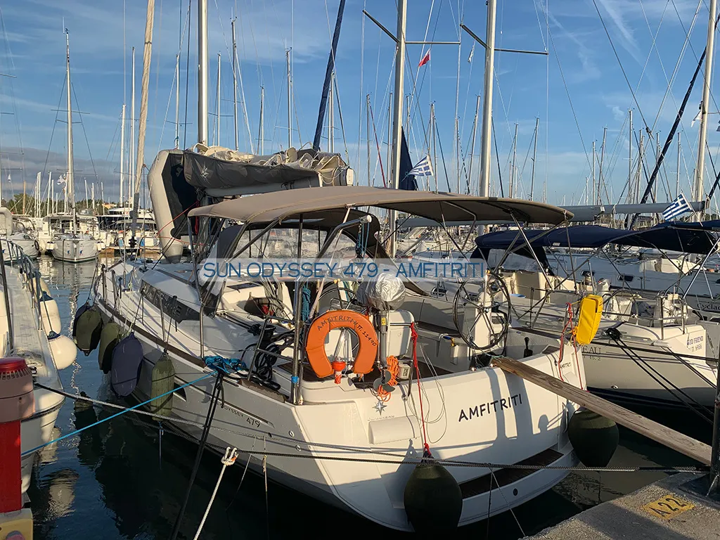 Exterior view of Amfitriti, a Jeanneau Sun Odyssey 479 sailboat at Kontokali, Greece
