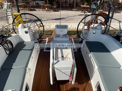 Cockpit of Amfitriti, a Jeanneau Sun Odyssey 479 sailboat at Kontokali, Greece