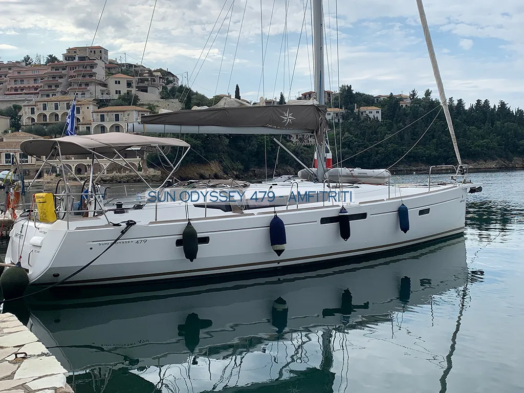 Exterior view of Amfitriti, a Jeanneau Sun Odyssey 479 sailboat at Kontokali, Greece
