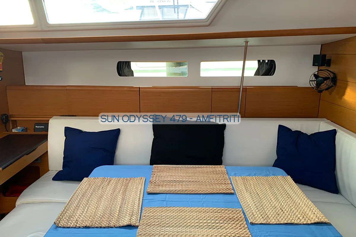 Salon of Amfitriti, a Jeanneau Sun Odyssey 479 sailboat at Kontokali, Greece