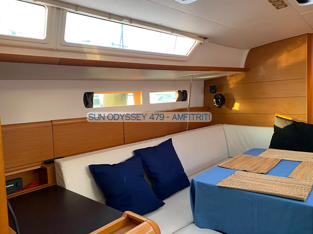 Salon of Amfitriti, a Jeanneau Sun Odyssey 479 sailboat at Kontokali, Greece