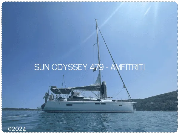 Exterior view of Amfitriti, a Jeanneau Sun Odyssey 479 sailboat at Kontokali, Greece