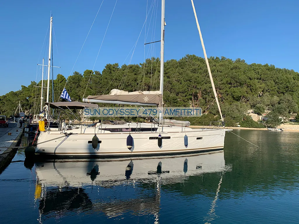 Exterior view of Amfitriti, a Jeanneau Sun Odyssey 479 sailboat at Kontokali, Greece