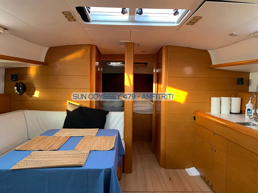 Salon of Amfitriti, a Jeanneau Sun Odyssey 479 sailboat at Kontokali, Greece