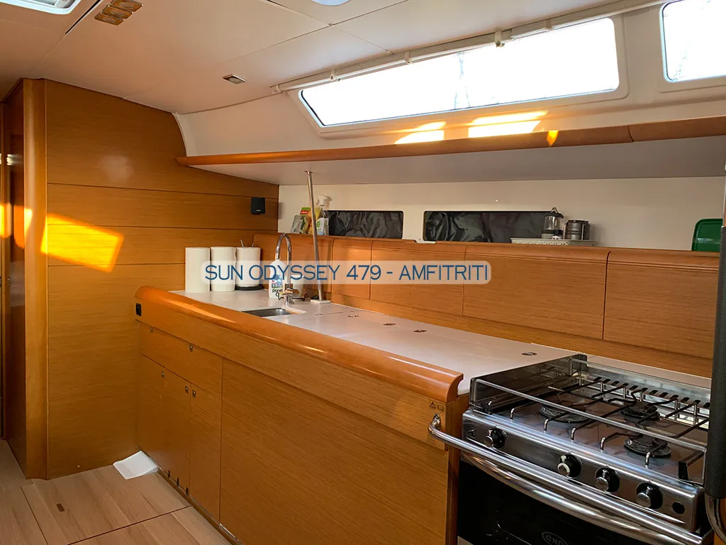 Galley of Amfitriti, a Jeanneau Sun Odyssey 479 sailboat at Kontokali, Greece