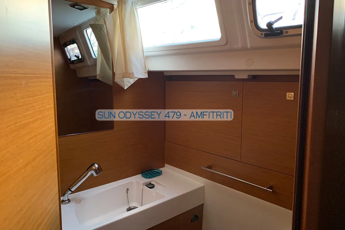 Head on Amfitriti, a Jeanneau Sun Odyssey 479 sailboat at Kontokali, Greece