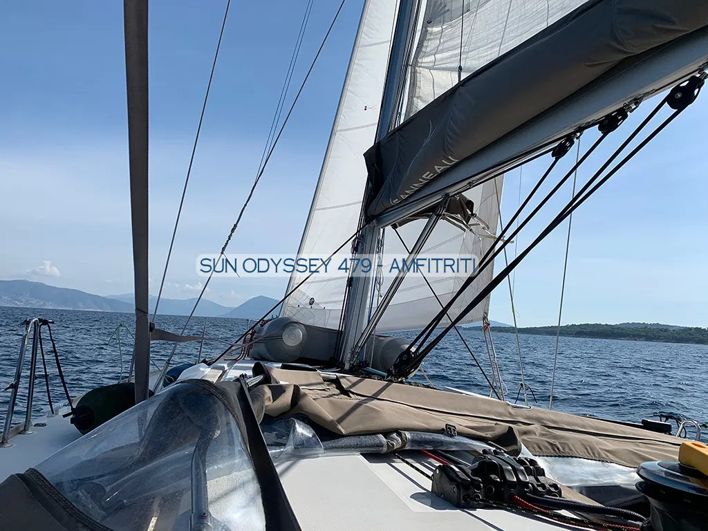 Deck of Amfitriti, a Jeanneau Sun Odyssey 479 sailboat at Kontokali, Greece