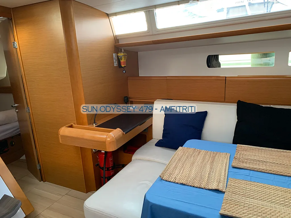Salon of Amfitriti, a Jeanneau Sun Odyssey 479 sailboat at Kontokali, Greece