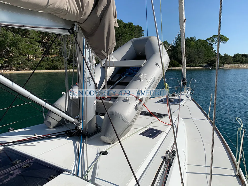 Deck of Amfitriti, a Jeanneau Sun Odyssey 479 sailboat at Kontokali, Greece