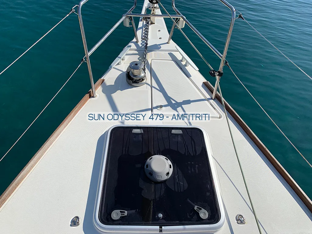 Deck of Amfitriti, a Jeanneau Sun Odyssey 479 sailboat at Kontokali, Greece