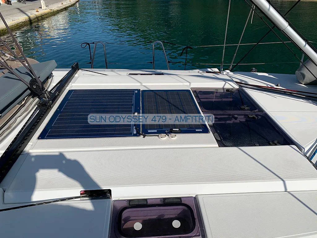 Deck of Amfitriti, a Jeanneau Sun Odyssey 479 sailboat at Kontokali, Greece