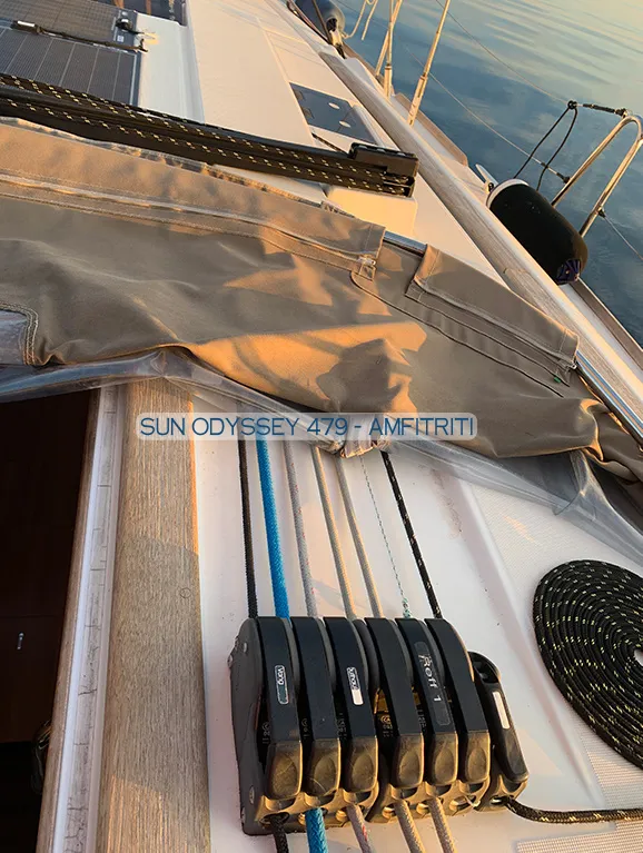 Deck of Amfitriti, a Jeanneau Sun Odyssey 479 sailboat at Kontokali, Greece