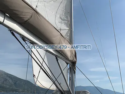 Deck of Amfitriti, a Jeanneau Sun Odyssey 479 sailboat at Kontokali, Greece