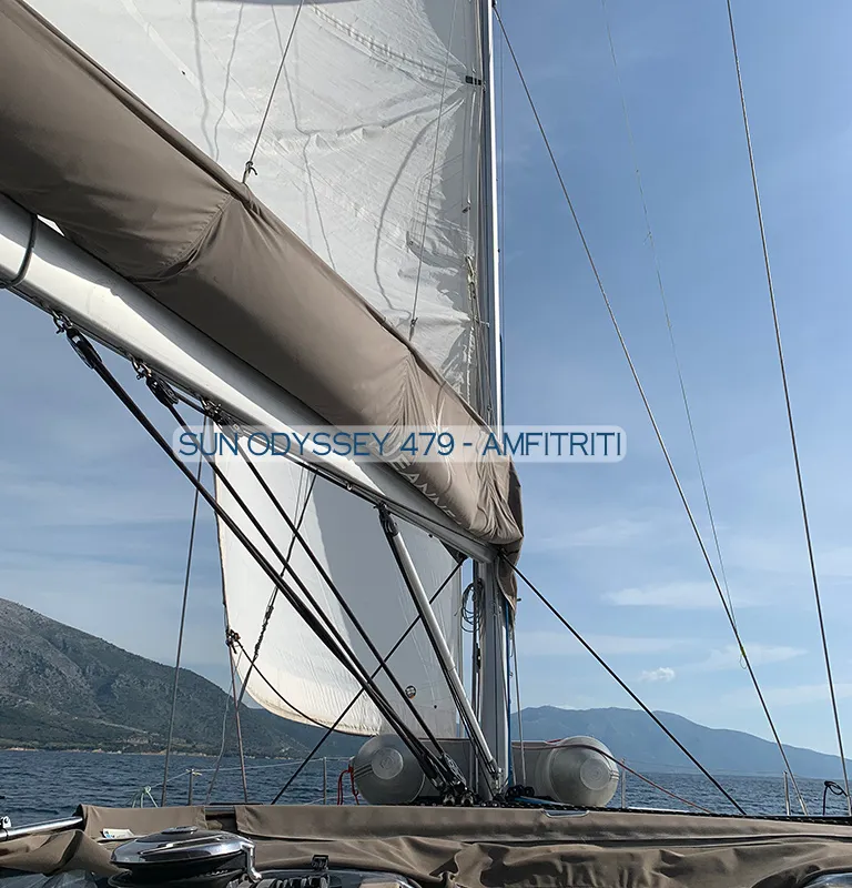 Deck of Amfitriti, a Jeanneau Sun Odyssey 479 sailboat at Kontokali, Greece