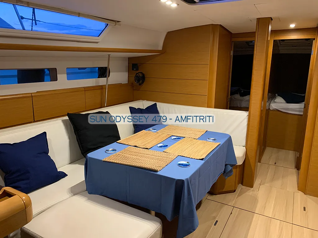 Salon of Amfitriti, a Jeanneau Sun Odyssey 479 sailboat at Kontokali, Greece