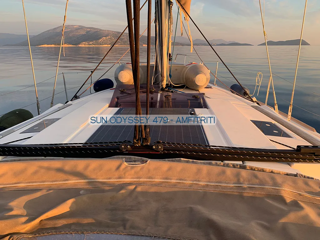 Deck of Amfitriti, a Jeanneau Sun Odyssey 479 sailboat at Kontokali, Greece