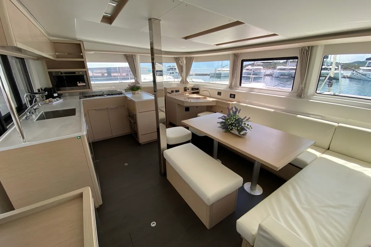 Salon of Cresta Bianca, a Lagoon 46 catamaran at Olbia, Italy
