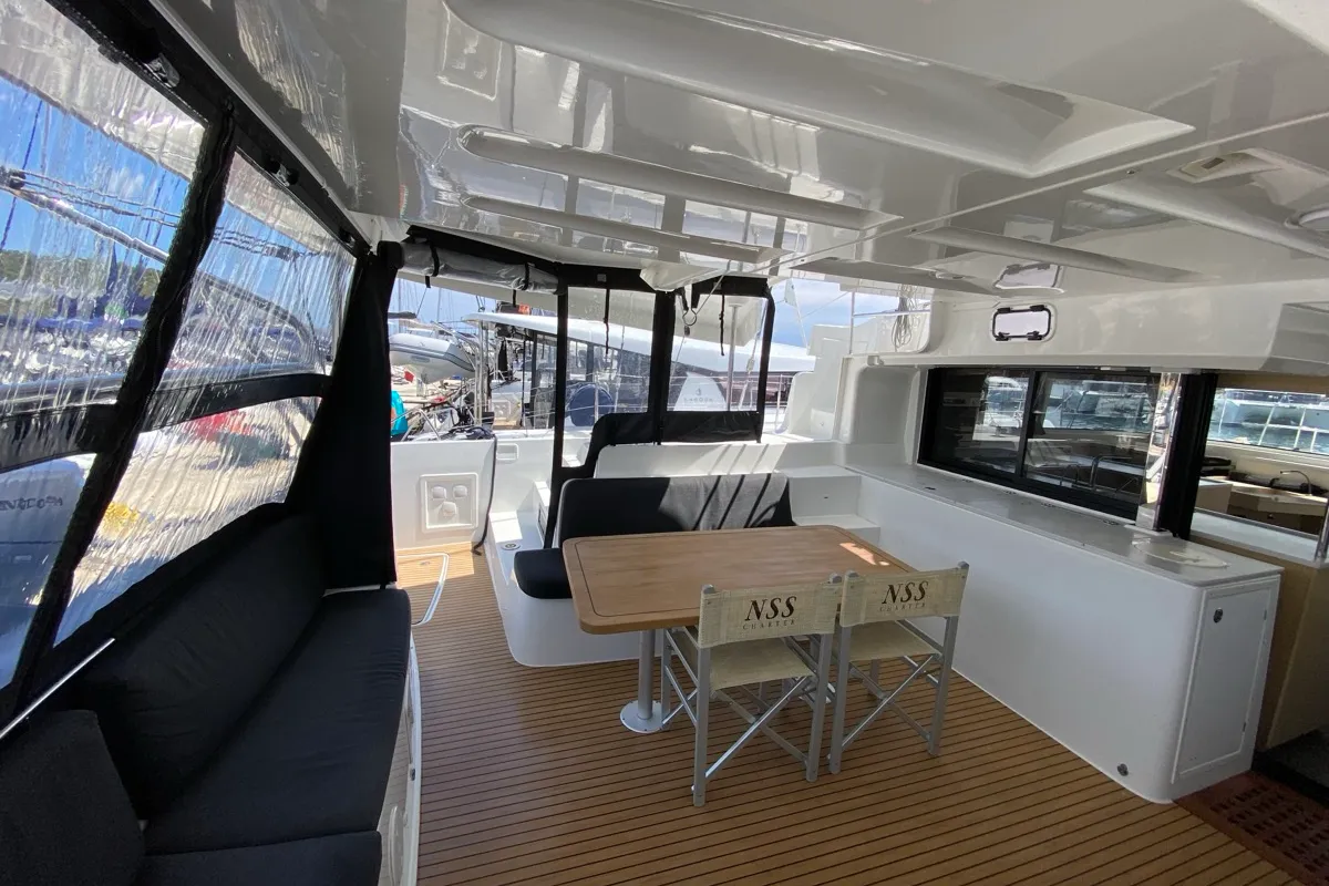 Deck of Cresta Bianca, a Lagoon 46 catamaran at Olbia, Italy