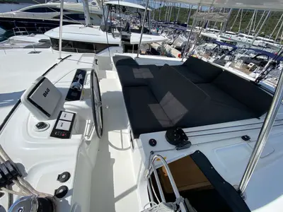 Cockpit of Cresta Bianca, a Lagoon 46 catamaran at Olbia, Italy