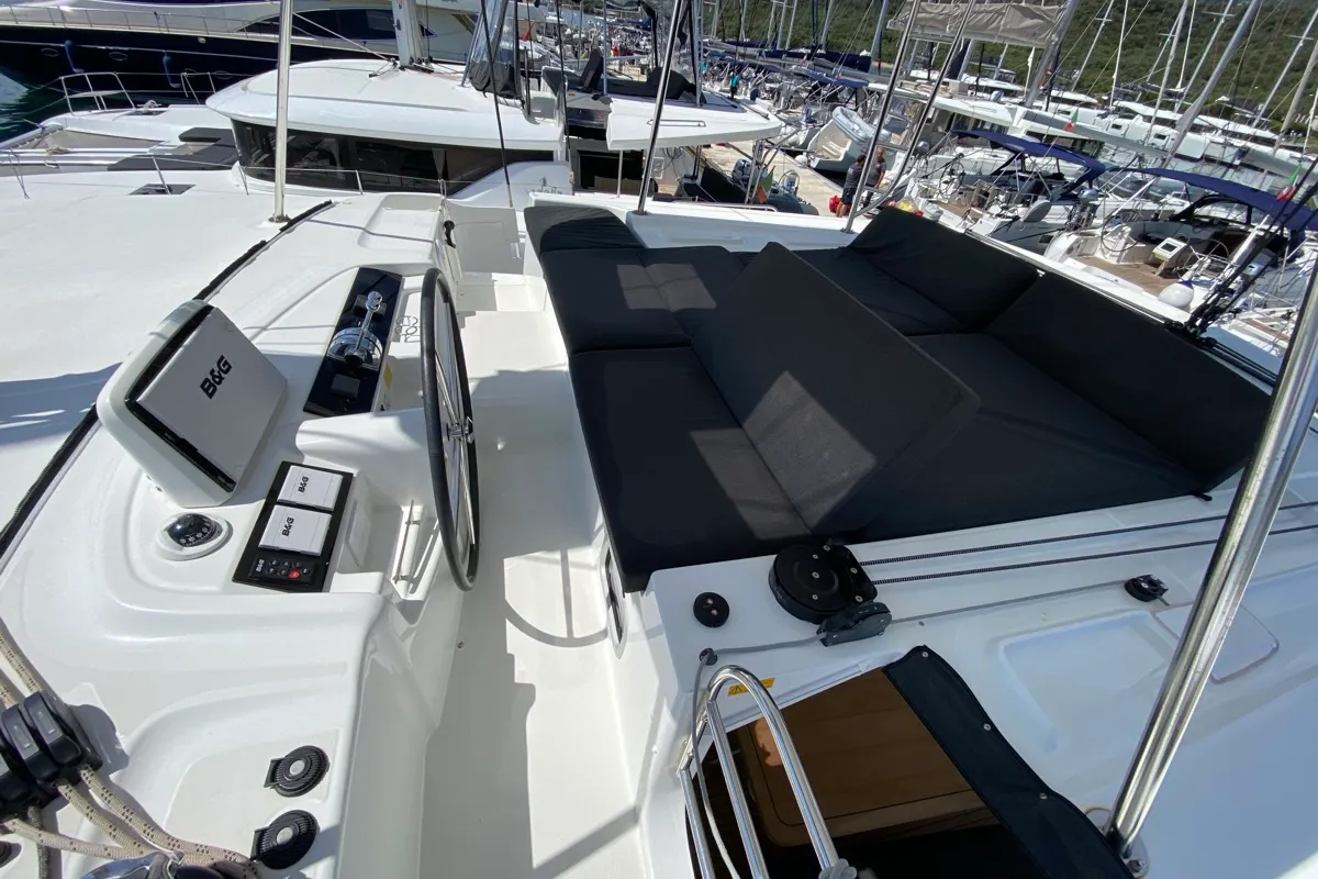 Cockpit of Cresta Bianca, a Lagoon 46 catamaran at Olbia, Italy