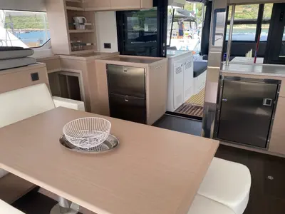 Salon of Cresta Bianca, a Lagoon 46 catamaran at Olbia, Italy