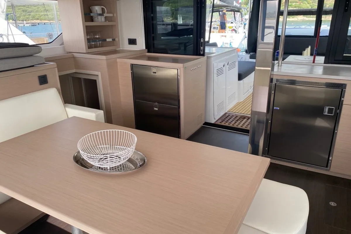 Salon of Cresta Bianca, a Lagoon 46 catamaran at Olbia, Italy