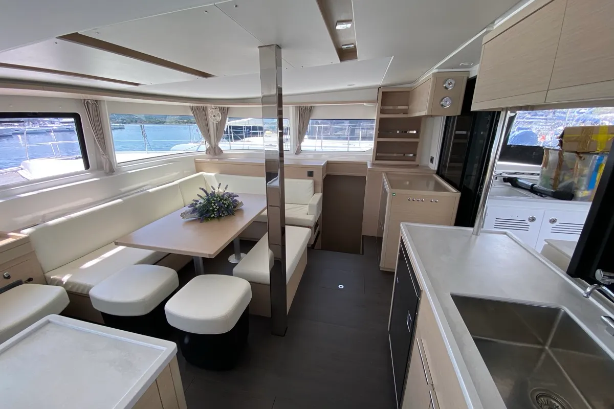 Salon of Cresta Bianca, a Lagoon 46 catamaran at Olbia, Italy