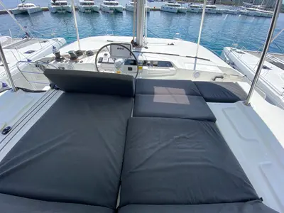 Deck of Cresta Bianca, a Lagoon 46 catamaran at Olbia, Italy