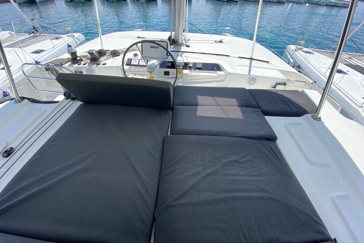 Deck of Cresta Bianca, a Lagoon 46 catamaran at Olbia, Italy