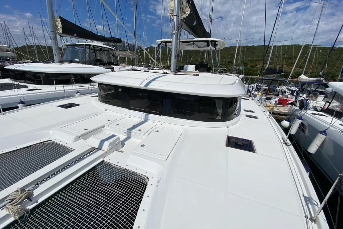 Deck of Cresta Bianca, a Lagoon 46 catamaran at Olbia, Italy