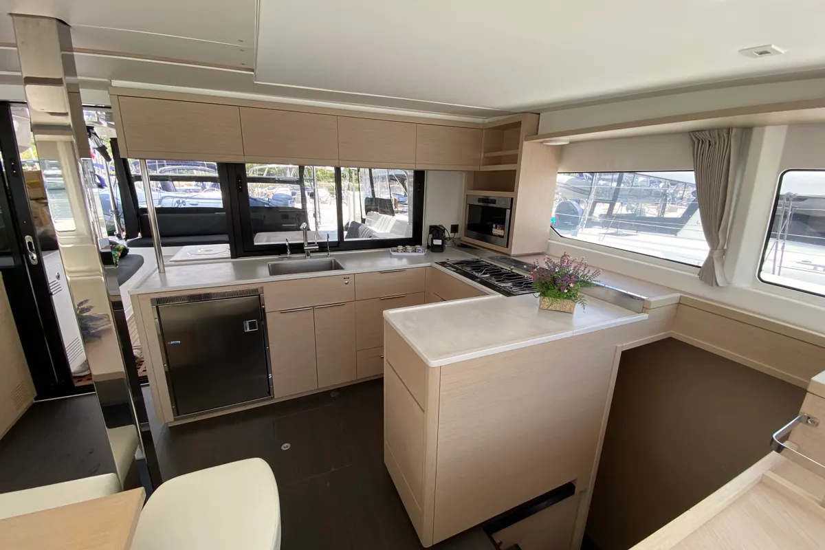 Galley of Cresta Bianca, a Lagoon 46 catamaran at Olbia, Italy