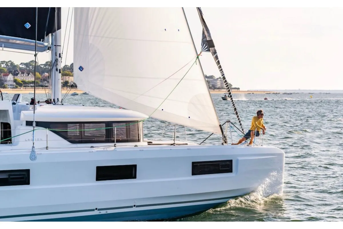 Exterior view of Cresta Bianca, a Lagoon 46 catamaran at Olbia, Italy