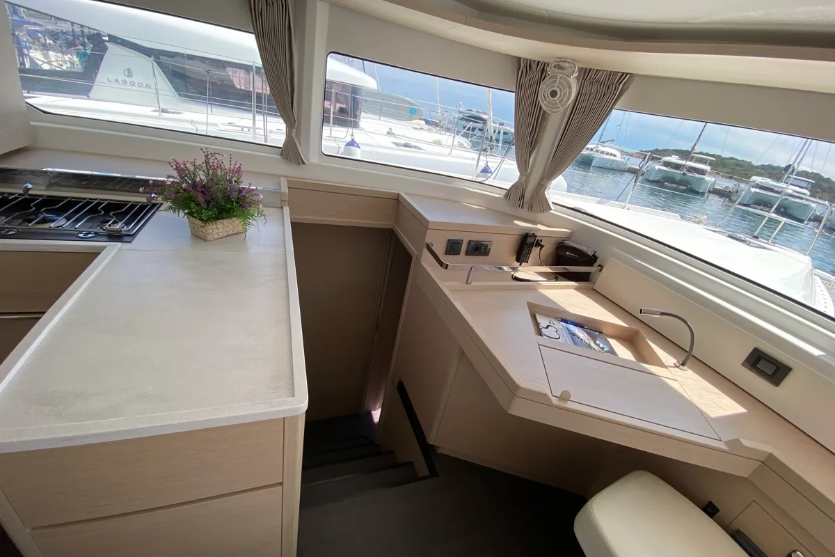 Galley of Cresta Bianca, a Lagoon 46 catamaran at Olbia, Italy