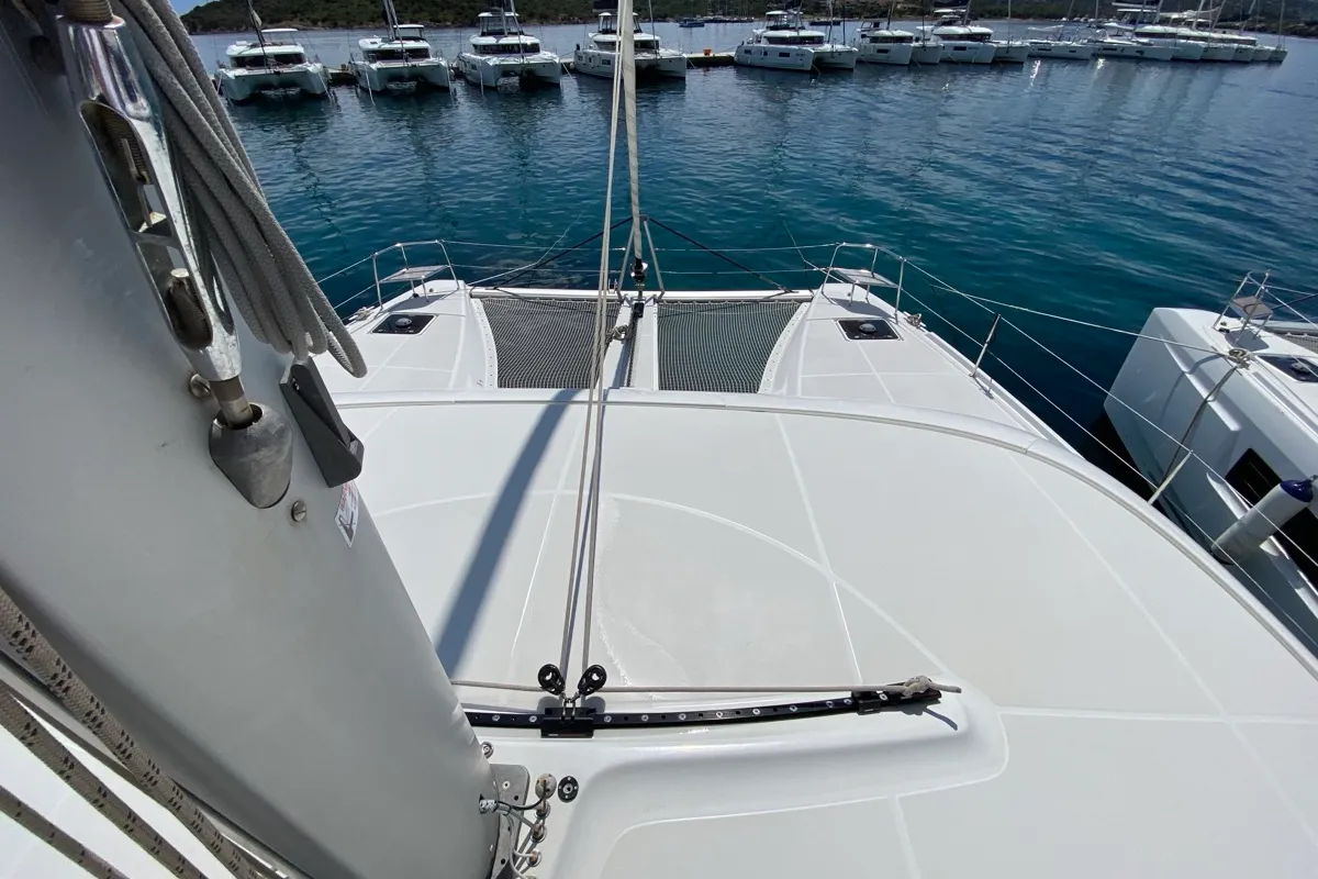 Deck of Cresta Bianca, a Lagoon 46 catamaran at Olbia, Italy