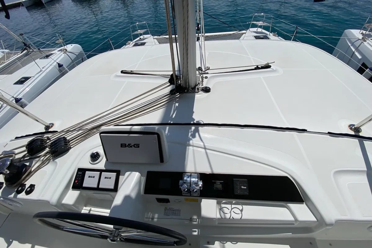 Cockpit of Cresta Bianca, a Lagoon 46 catamaran at Olbia, Italy