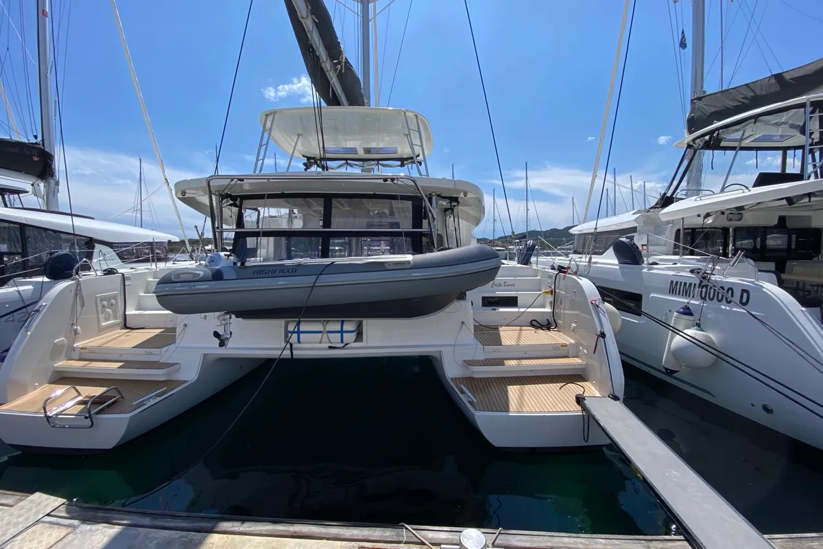 Exterior view of Cresta Bianca, a Lagoon 46 catamaran at Olbia, Italy