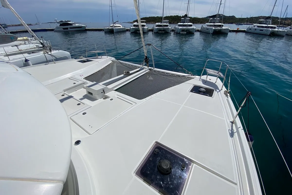 Deck of Cresta Bianca, a Lagoon 46 catamaran at Olbia, Italy