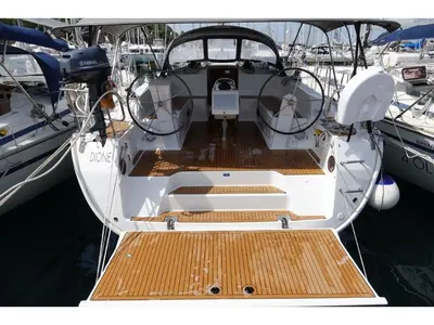 Cockpit of Dione, a Bavaria Cruiser 46 sailboat at Olbia, Italy