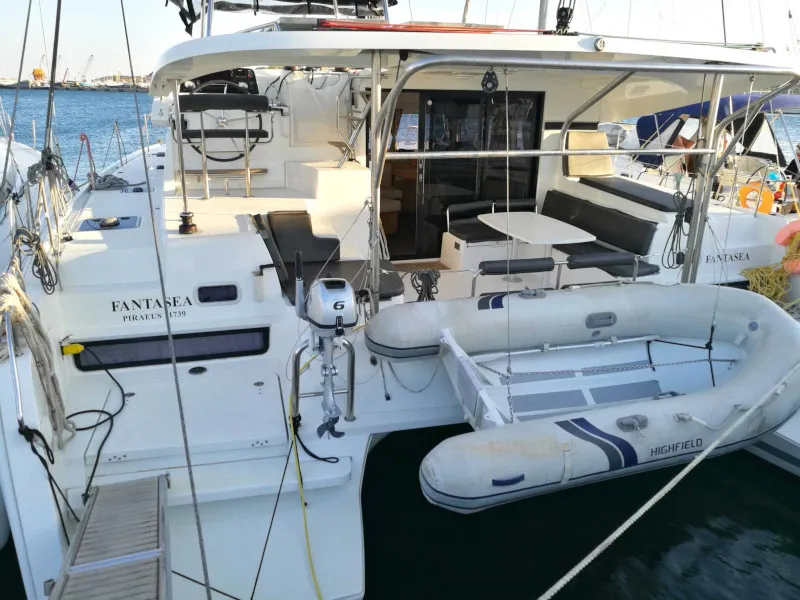Exterior view of Fantasea, a Lagoon 42 catamaran at Lavreotiki, Greece