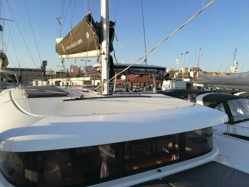 Exterior view of Fantasea, a Lagoon 42 catamaran at Lavreotiki, Greece