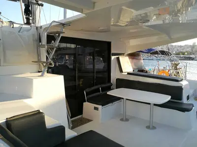 Deck of Fantasea, a Lagoon 42 catamaran at Lavreotiki, Greece