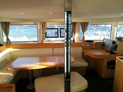 Salon of Fantasea, a Lagoon 42 catamaran at Lavreotiki, Greece