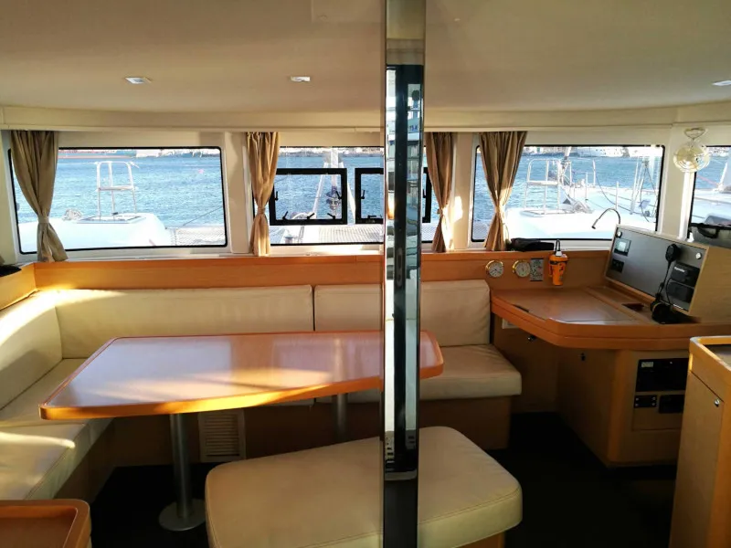 Salon of Fantasea, a Lagoon 42 catamaran at Lavreotiki, Greece