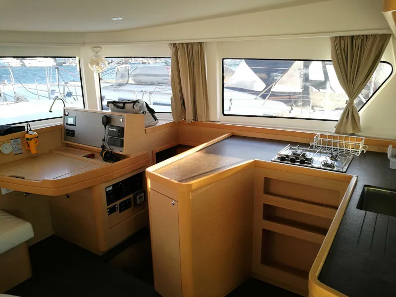 Galley of Fantasea, a Lagoon 42 catamaran at Lavreotiki, Greece