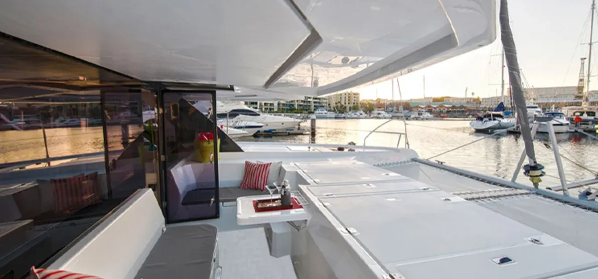 Deck of Sunsail 454L Premium, a Leopard 45 catamaran at St. George's, Grenada