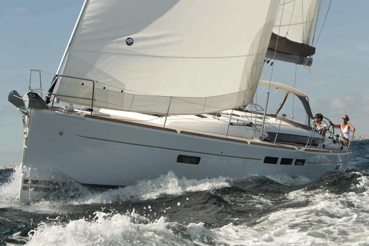 Exterior view of Kaos, a Jeanneau Sun Odyssey 509 sailboat at Olbia, Italy