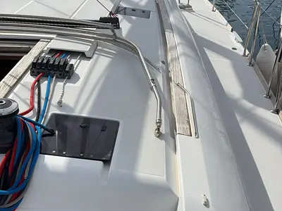 Deck of Kaos, a Jeanneau Sun Odyssey 509 sailboat at Olbia, Italy